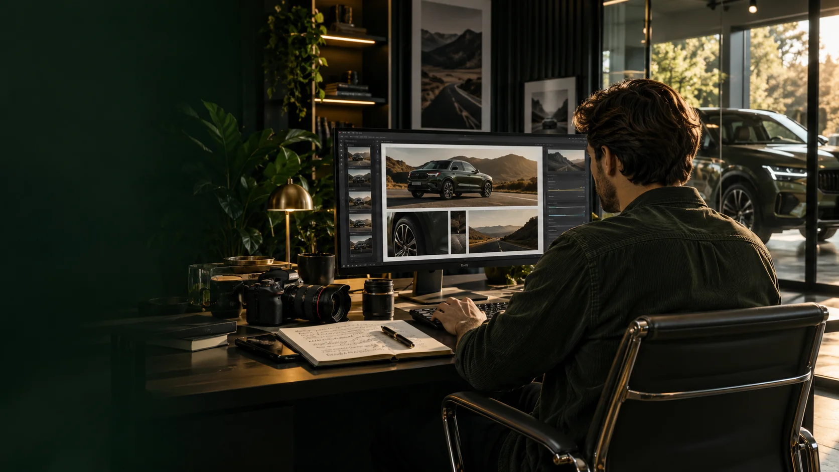 An editor retouching vehicle photographs at a studio desk with camera gear