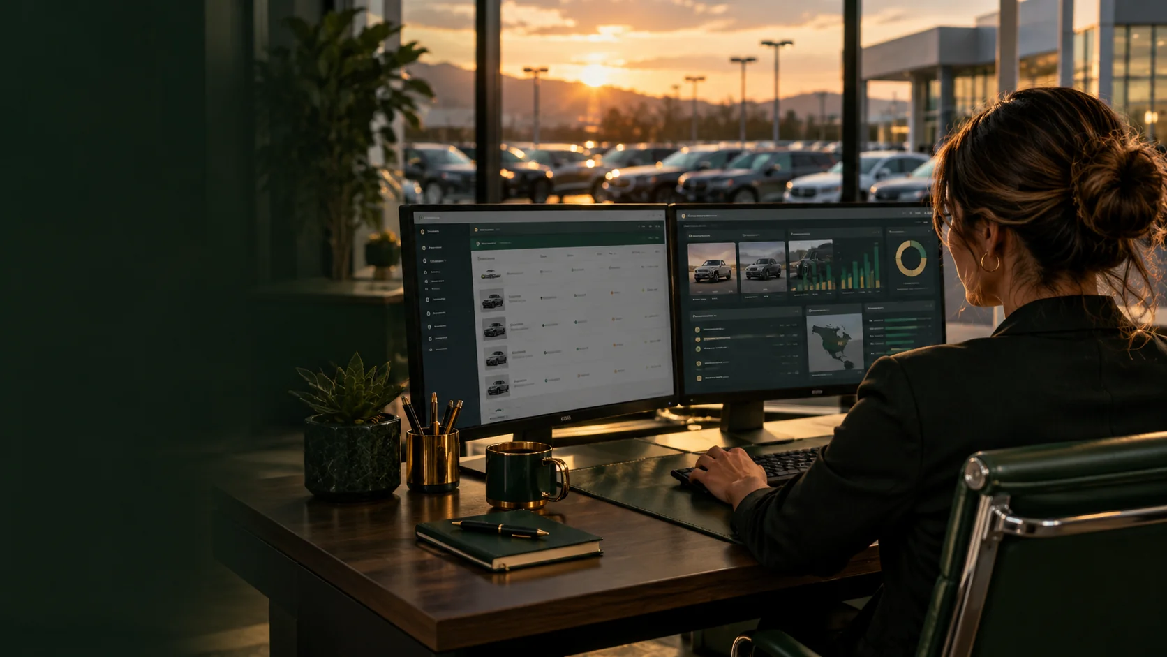 A marketer reviewing dealership inventory and campaign analytics on dual monitors