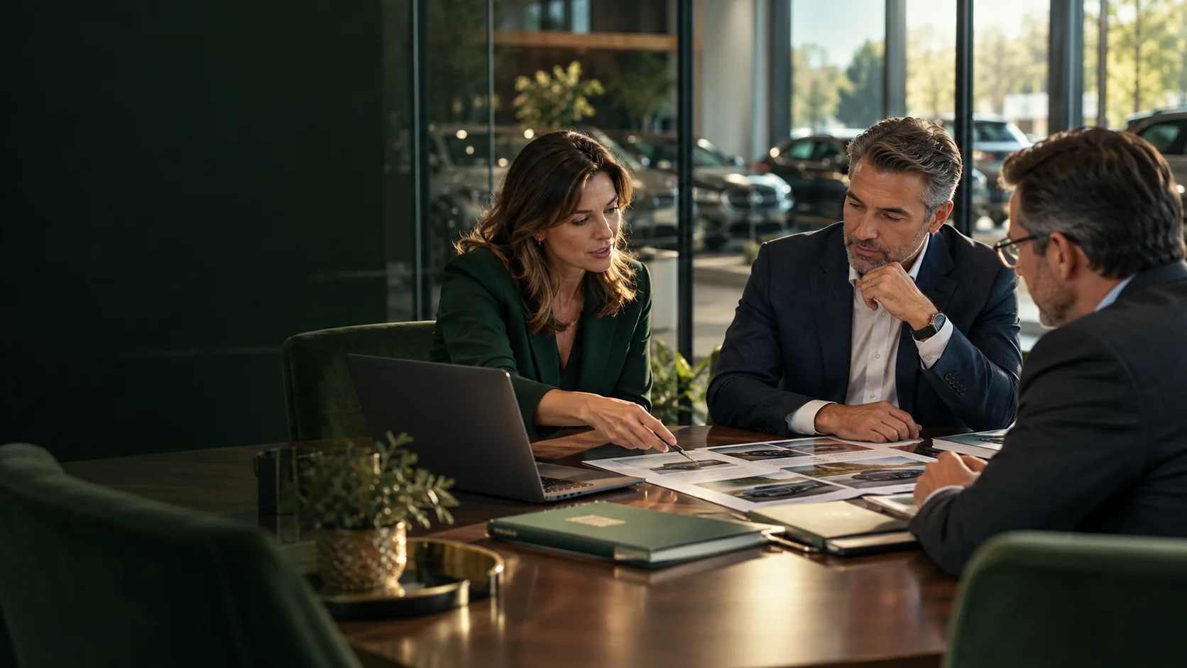 Three executives reviewing printed automotive marketing proofs around a boardroom table