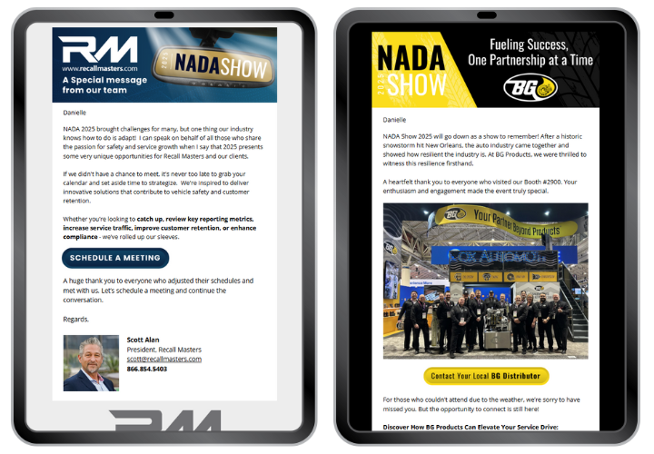 NADA post-show follow-up emails on desktop and phone